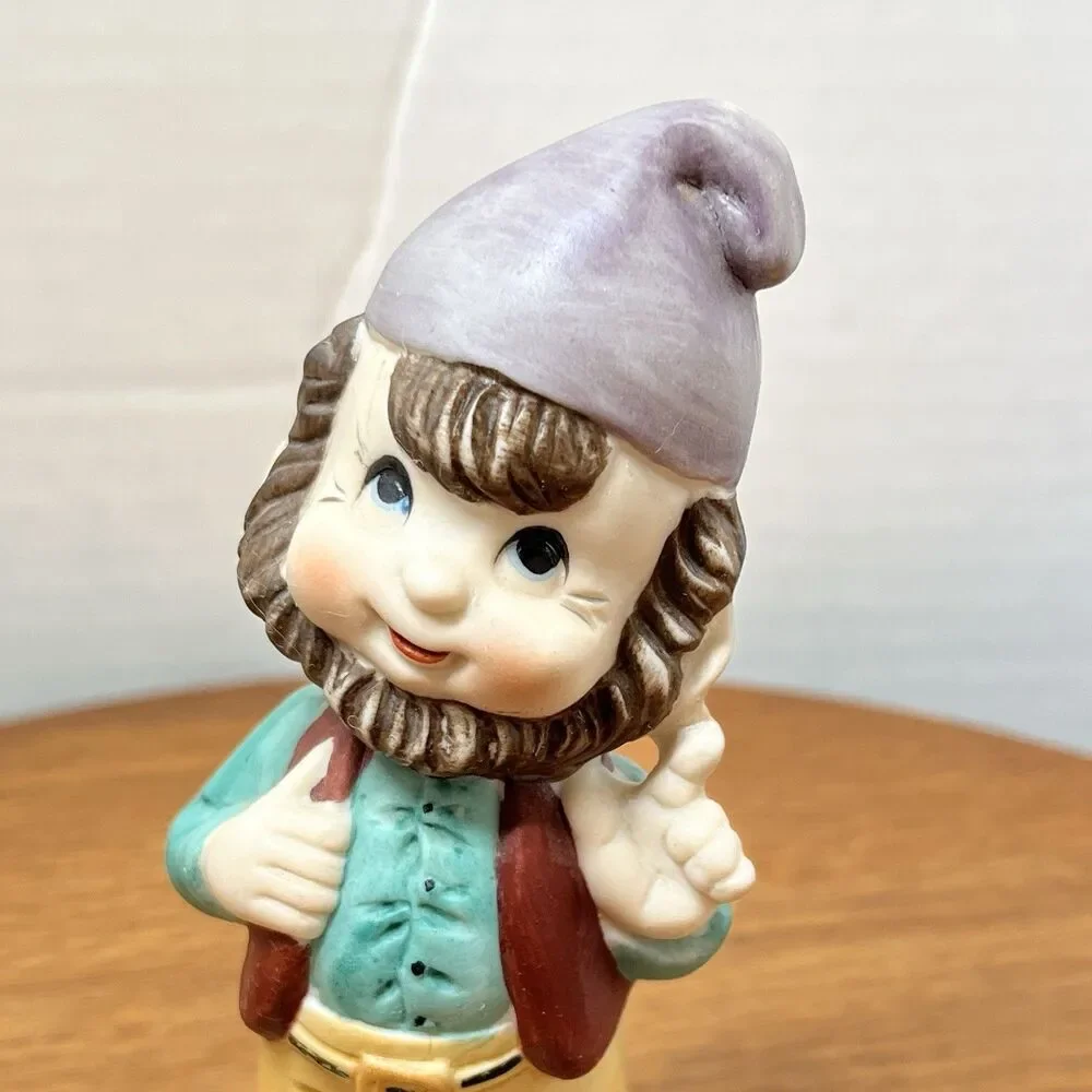 Lego Elf Pixie Gnome Figurine Purple Hat Pointing Finger Green Elf Shoes Ceramic